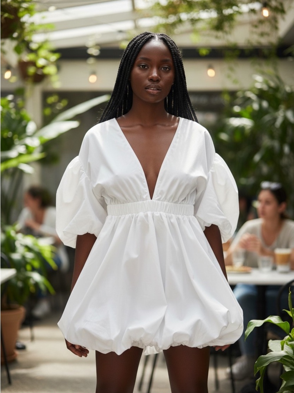 Low-VNeck White Puff Sleeve Mini Dress